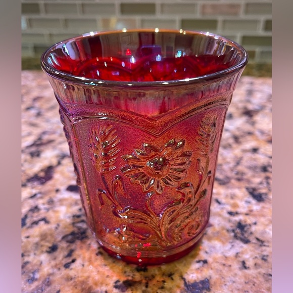 Carnival Glass Tumbler 
Field Flower Pattern 
Red Iridescent Color - Picture 2 of 6